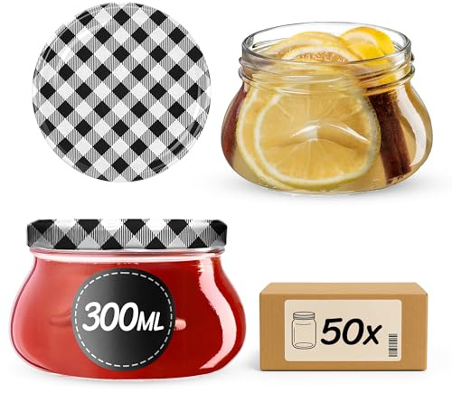 KADAX Lot de 50 bocaux en verre 300ml Ø82 – Couvercle Twist-Off hermétique TO82 – Pour confitures, conserves, cornichons, miel & fermentation