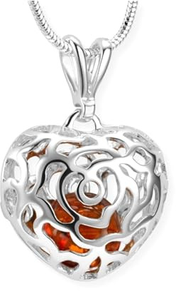 Copal Collana In Argento 925 Con Ambra Vera E Cuore Intarsiato A Motivo Floreale
