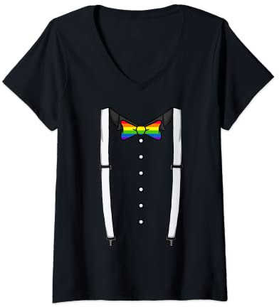 Damen Regenbogen Fliege Hosenträger Kummerbund Smoking Fliege T-Shirt mit V-Ausschnitt