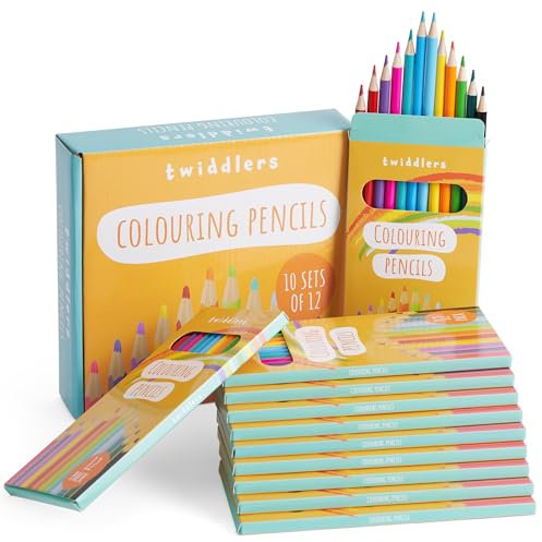 THE TWIDDLERS 10 Schachteln Buntstifte, 12 Stifte pro Schachtel, 120 insgesamt - 18cm volle Länge Multipack Zeichnung Set - Schulbedarf, Party Favours, Künstler Skizzenstifte