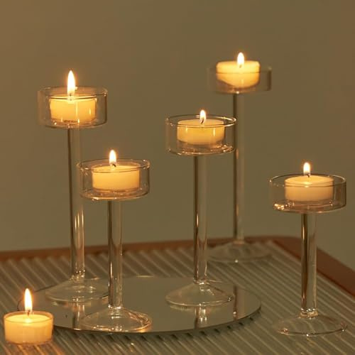Willceka Tealight Candle Holder, Glass Candle Holder, Clear Wedding Hurricane Tall Elegant Ideal for Dining Party Home Decor Party Table Settings Gifts, 6 Pcs