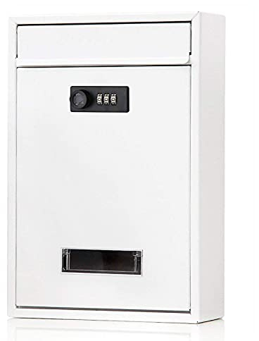 Buzón de pared, blanco y negro, buzón de metal inoxidable con cerradura de combinación o cerradura, buzones pequeños para exteriores (12.6 x 8.3 x 3.3 pulgadas)