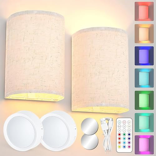 WAKERUG 2Pcs Wall Lights with Remote Control, Rechargeable 13 Colours Changeable Dimmable Wall Sconces, Wireless LED Wall Lamp with Fabric Shade Fixtures for Bedroom Living Room Hallway Stair