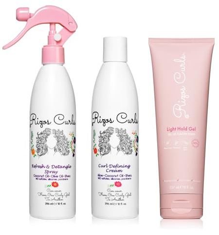 Rizos Curls Styling Starter Kit, Refresh and Detangle Spray & Curl Defining Cream & Light Hold Gel Bundle, Enhance & Define Curls, Add Volume & Hold, Frizz Control & Shine