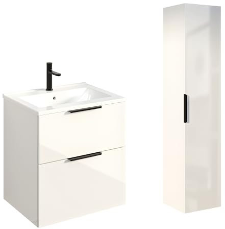 BERNSTEIN Badmöbel-Set TIM 60cm Weiß glänzend mit schwarzen Griff mit Keramik-Waschbecken & einem Seitenschrank - Badezimmermöbel, feuchtigkeitsresistentes Material, Vormontierter Unterschrank