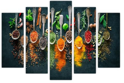 AREDE Set di 5 Stampe da Parete Quadri Moderni Decorazioni da Muro per Casa Soggiorno Camera da Letto e Cucina Erbe e spezie| 120 x 80 cm | Pronto da appendere