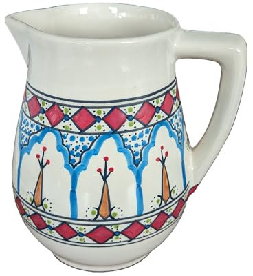 Wasserkrug Keramik handgemacht und handbemalt bunt Krug Kanne Milch Wasser-Karaffe, H 17,5 cm, Volumen ca. 1 L