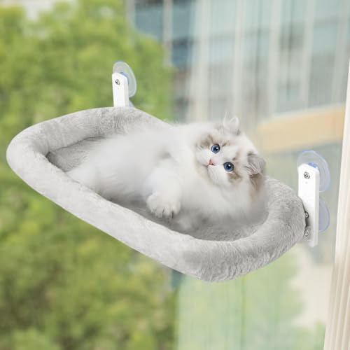 KoolYouth Katzen fensterliege mit starken Saugnäpfen 60x30 cm, Klappbare Fensterliege für Katzen, bis 18 kg belastbar, abnehmbare Katzenhängematte für Glasfenster und Fensterbank, Grau