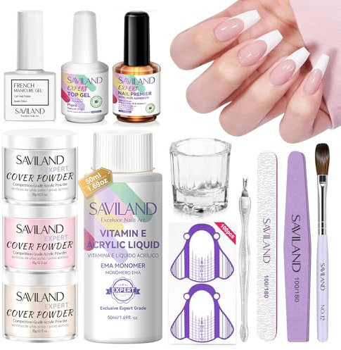 SAVILAND Plus Acryl Nagelset: 3 Farben Acryl Pulver 50ml Acryl Liquid mit Weiß French Gel Nagellack Nail Primer Top Coat Acryl Pinsel Nail Tools Acryl Nägel Starterset für Anfänger French Manicure DIY