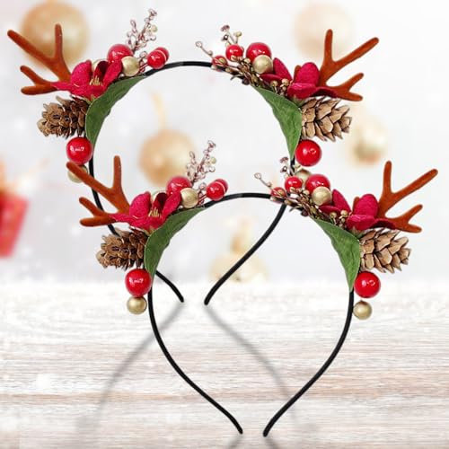 2 Stück Weihnachten Geweih Haarreif,Geweih-Stirnband Tannenzapfen Weihnachts-Stirnbänder,Rentier Geweih Stirnband,Weihnachts Kopfschmuck Damen Weihnachten Kopfbedeckung Weihnachts Party Haarschmuck
