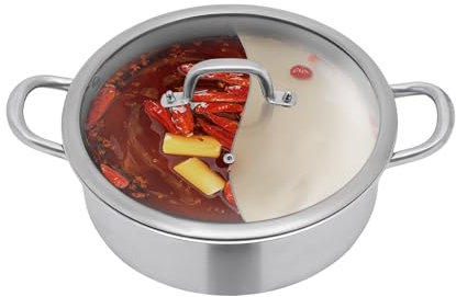 RjcdOPL Pentola a due scomparti in acciaio inossidabile 304, pentola per fonduta con accessori completi, coperchio in vetro e cucchiaio/cucchiaio perdente (32 cm (diametro esterno))