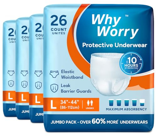 WhyWorry Culottes Incontinence pour Homme et Femme, Couche Culotte Adultes pour Fuites Urinaires, Slips Absorbants Jetables, Contrôle des Odeurs, Unisexe, Taille L, 104 Unités (4 Lot de 26)