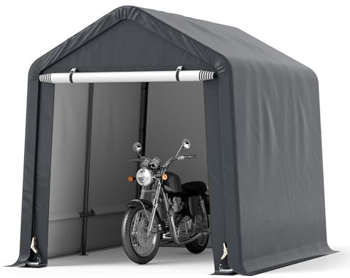 COSTWAY 7x5.2FT Garden Storage Shed, Waterproof Bike Tent with Roll-up Zipper Door, Ratchet Strap & Ground Stakes, Galvanized Steel Motorcycle Storage Shelter Carport for Patio Yard Garage