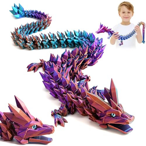 3D Printed Dragon Toys with Eyes, Bendable and Flexible Big Fidget, 24 inches Dazzling Gradient Crystal Wyrm, Articulated Gem Serpent Figure for Home Office Decor (Magic gradient dragon)