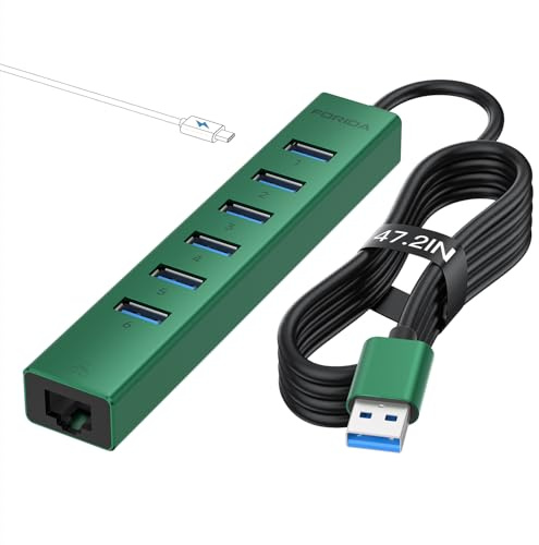 USB Ethernet Adapter Mit USB 3.0 Hub Zu RJ45 Gigabit LAN Kabelnetzwerk, 1 Ethernet, 7 USBA 3.0 Ports, und 15W Stromanschluss,Netzwerkadapter Für Windows XP, Mac OS & Weitere Laptops (Grün)