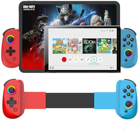Megadream Game Controller for iPad/Tablet, Mobile Wireless Gamepad for iPhone Bluetooth RGB Telescopic Joystick for Android/iOS/PC/Smart Phones for 13-25 cm Perfect for COD (rot+blau, D8)