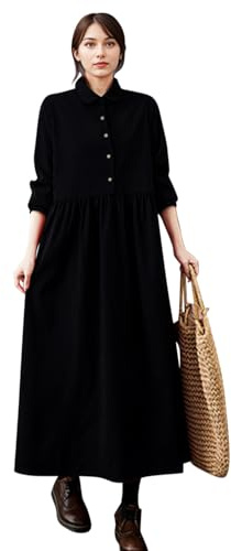 Boodtag Dam vintage plus size manchesterklänning UK damer elegant lång skjorta klänning lös passform A-linje maxiblus klänning med krage höst vinter outfit, Svart, L