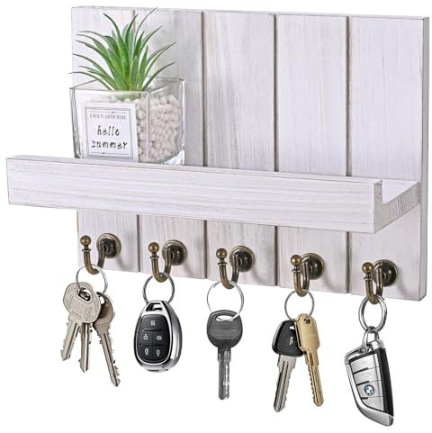Jemyxhw Schlüsselbrett, Wand Deko, Schlüsselbrett mit Ablage, Schlüsselaufbewahrung mit 5 Schlüsselhaken, für Eingang, Flur, Schlafzimmer, Wohnzimmer (Altes Weiß)
