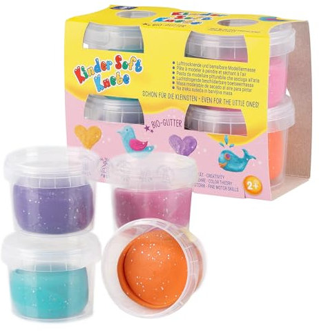 Feuchtmann Kinder Soft KNETE Mini Sparkle - 4 x 80g weiche Kinderknete, ungiftig, vegan und glutenfrei, lufttrocknende Glitzerknete mit Bio-Glitter im Knetset (ab 2 Jahren)