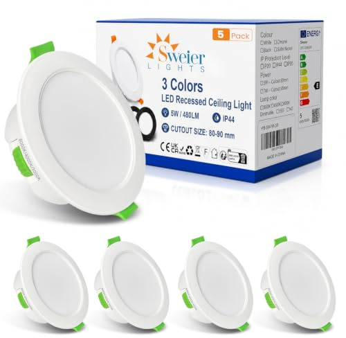 Sweier 5er-Set Ultraflacher LED Einbaustrahler 28mm, CCT schaltbar (3000K/4000K/6500K) & dimmbar, IP44 Badlicht, 5W=50W, 120°, direkt 230V