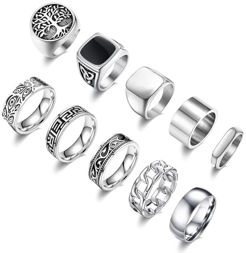 MEDOJO 10 Pcs Men's Stainless Steel Vintage Signet Ring Square Pinky Thumb Chunky Thin Band Ring Vintage Biker Band Rings Set 7