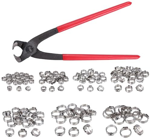 Anhoer 150Pcs Single Ear Hose Clamps with Pliers 12 Sizes Hose Clamp Pliers Stainless Steel Pipe Clamp Fuel Line Clip Ear Clamps Tool with 360° Stepless Sealing Pincers Kit 9 Sizes 6-25.6 mm