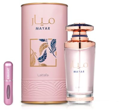 Mayar Eau de Parfum per Donna, 100 ml, Profumo arabo, a lunga durata, con nebulizzatore ricaricabile incluso, 5 ml, profumo fruttato e floreale con note di litchi, peonia e vaniglia (Mayar)