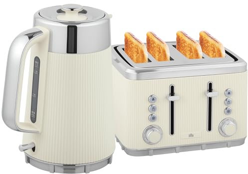HOMCOM Electric Stainless Steel Kettle and Toaster Set, 3000W 1.7L UK Strix Thermostat Fast Boil Kettle w/Limescale Filter, Cool Touch Body, 4 Slice Toaster with 7 Browning Levels, Crumb Tray, Cream