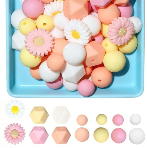 100 Stück Silikonperlen Rund Lose Bastelperlen Bulk Gänseblümchen Silikonperlen 4 Farben Blumen Perlen mit Nylonseil für DIY Schlüsselanhänge Handwerk Schmuckherstellung