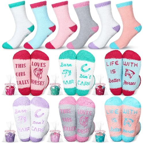 Bonuci 6 Pairs Horse Socks for girls Fuzzy Equestrian Socks Funny Christmas Horse Gifts for Women Riding Animal Lovers