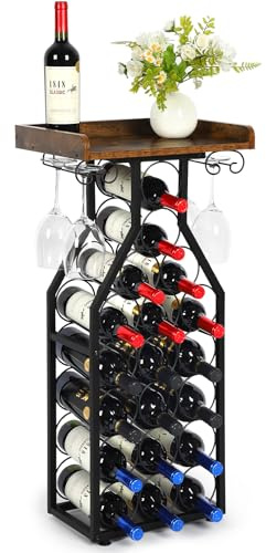 Plinthos Wine Rack Floating Shelvesr Versatile Liquor Stand for Home Bar Mini Bar Table Wine Holder Stand Liquor Cabinet with Glass Holder Wood Tabletop 19 Bottles Floor Dining Room, Living Room