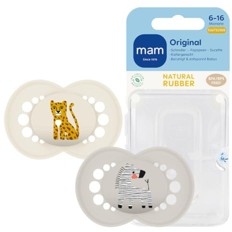 MAM Original Schnuller | Latexschnuller | 6-16 Monate | stillfreundlicher Babyschnuller | von Hebammen empfohlen | besonders bissfest | Naturkautschuklatex | Leopard/Zebra | 2 Stück