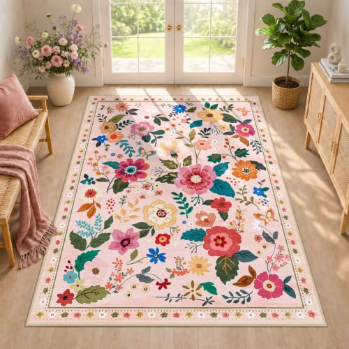 DEFYNEE Teppich Wohnzimmer 120x180cm Rosa/Beige, Blumen Waschbare Teppiche