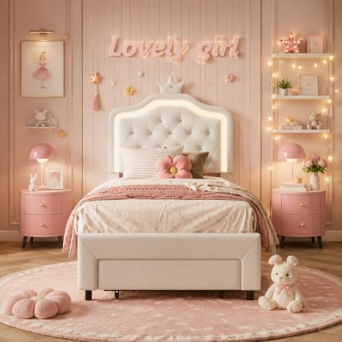 QLTXYHML Lit Enfant 90x200 avec Éclairage LED RGB et 1 Tiroir, Lit 1 Personne Rembourré en Cuir PU, Tête de Lit Couronne Réglable en Hauteur, Idéal pour Fille/Chambre Princesse (Blanc, 90x200 cm)