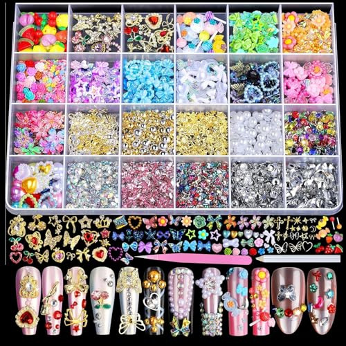Tastetreasure Juego de 4000 abalorios y piedras 3D para uñas, tamaño XXL, decoración de uñas, perlas y diseños acrílicos/resina, incluye pinzas y bolígrafo para puntear, accesorios de uñas para mujer
