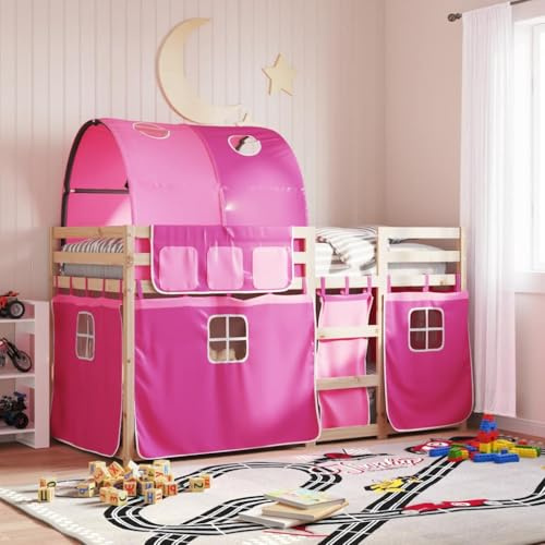 QJBSAVVA Pink Bunk Bed Frame 90x200 cm Solid Pine Wood, Kids High Sleeper with Guardrails & Ladder, Space-Saving Loft for Small Rooms, Includes Pink Curtain Set for Bedroom Playhouse