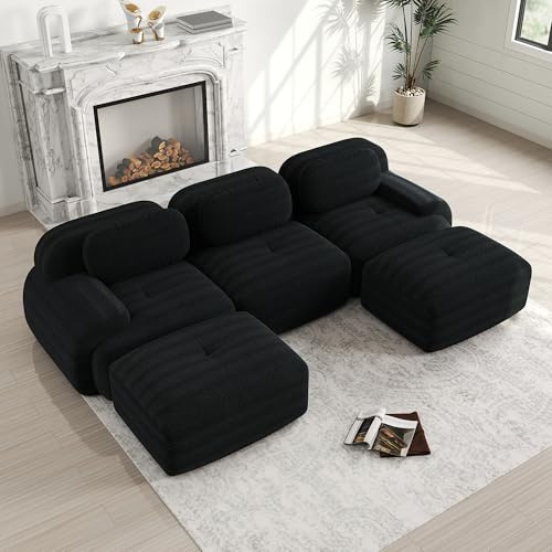 Sapgaks Sofá esquinero convertible, sofá de 2 a 4 plazas, sofá modular comprimible, se puede combinar libremente con reposabrazos y reposapiés, pana (negro 3 asientos en U)