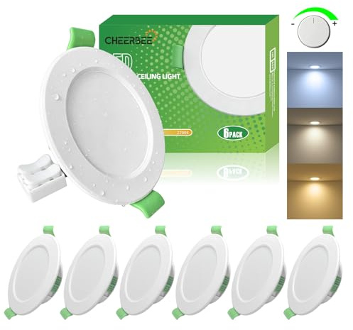 CHEERBEE LED Einbaustrahler 230V Dimmbar Extra Flach, 3CCT 2700K/4000K/6000K, 3.5W 350LM LED Spots, IP44 für Badezimmer, Lochmaß 55-68mm, Ø78mm Einbauspots für Badezimmer Küche, 6er Set