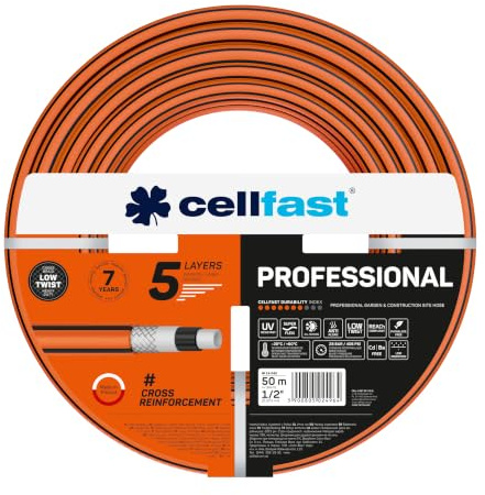 CELLFAST Tubo Acqua Giardino 5 Strati PROFESSIONAL 1/2 50 m - Tubo da Giardino e Cantiere con Intreccio Incrociato - Resistente ai Raggi UV, Alghe e Torsione - Irrigazione del Giardino