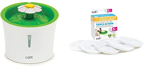 Catit Original Flower Fountain 3 Litre Water Fountain for Cats and Small Dogs with 5 Pack Triple Action filters