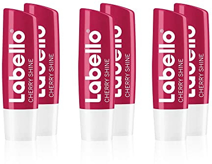 Labello Cherry Shine im 6er Pack (6 x 4,8 g), Lippenpflegestift mit zartrotem Glanz und Schimmerpigmenten und Kirscharoma, Lippenpflege ohne Mineralöle