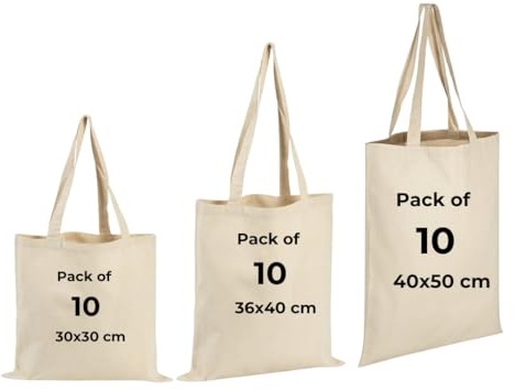 IMFAA Förpackning med 10 premiumkvalitet långvariga 100 % bomullsduk tygväska återanvändbara shoppingväskor idealiska för tryck och broderi i flera färger, Naturligt, Medium(40x36+60)