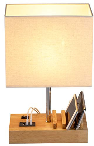 USB Bedside Table Lamp, HHome Plus Desk Lamp with 3 USB Charging Ports and Phone Charge Dock, Wood Charging Station and Organizer, Perfect Light for Bedroom, Guest Room, Living Room, Office