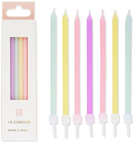 Pastel Birthday Candles Paquete de 16 velas de cumpleaños de color pastel arcoíris con soportes | Alto Delgado 10cm | Decoraciones de tartas para cumpleaños, baby shower, Pascua, fiesta de niñas, hija