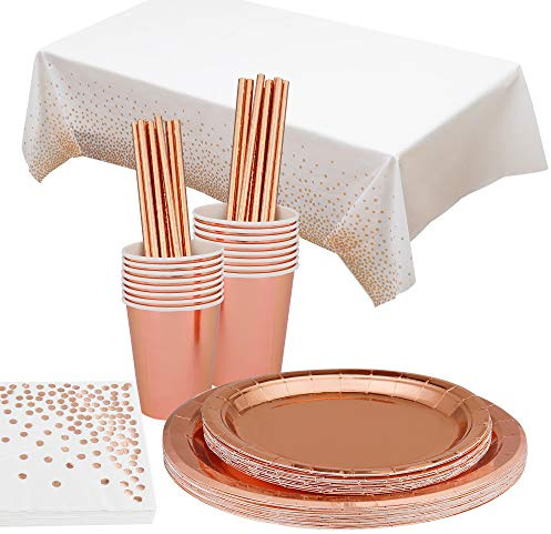 Vaisselle Jetable Fête Anniversaire Or Rose Assiettes en Papier Aluminium Serviettes Tasses Pailles pour Mariages Baby Shower Noël Dîner 16 Invités