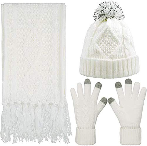 Schal Mütze Handschuh Set-Weich Stretch Warm Dicke Zopfstrickmütze Mütze Mütze Beanie Fäustling Schal Touchscreen Handschuhe Mode 3 in 1 Winter Kalt Geschenkset, elfenbeinweiß