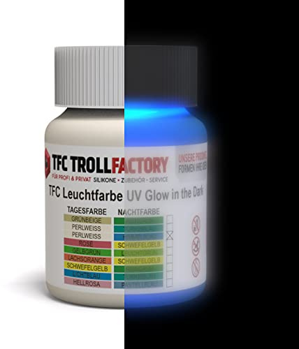 TFC Leuchtfarbe UV Glow In The Dark Tagesfarbe: RAL1013 perlweiß – Nachtfarbe: RAL5015 himmelblau 100 g