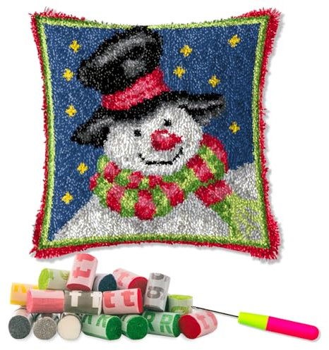 LAPATAIN Latch Hook Kits for DIY Throw Pillow Cover,Snowman Needlework Cushion Cover Hand Craft Crochet for Great Family 17x17inch