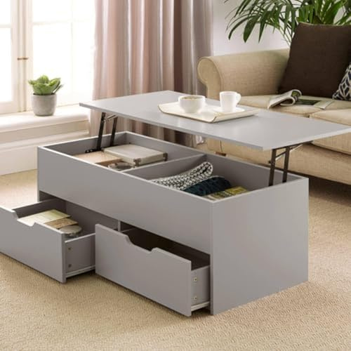 Home Source Lift Up Top Living Room Coffee Table, Pivoting Lid, Locking Support, 2 Large Storage Drawers, Grey
