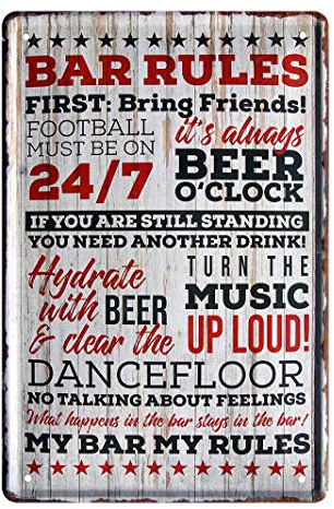 Bar Rules Blechschild - Vintage Retro Deko Metallschild - Dekoration Wanddeko Wandbild Bar Sportsbar Kellerbar Kneipe Partykeller Man Cave Partyraum - Geschenkidee Männer Vater Freund Kumpel - 20x30cm